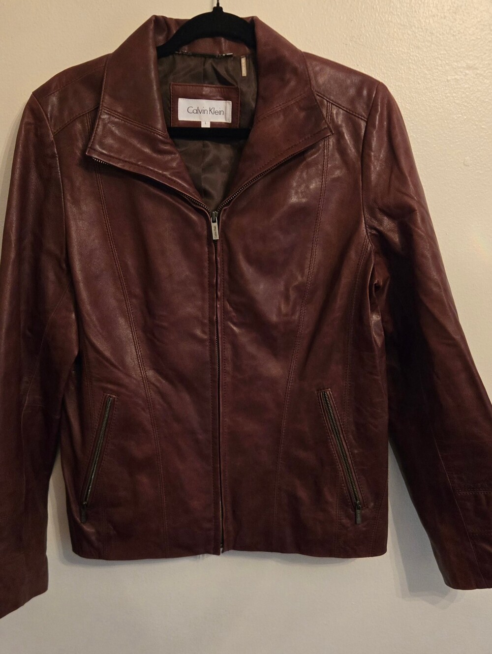 Calvin Klein Brown Genuine Leather Full-Zip Jacket Size L